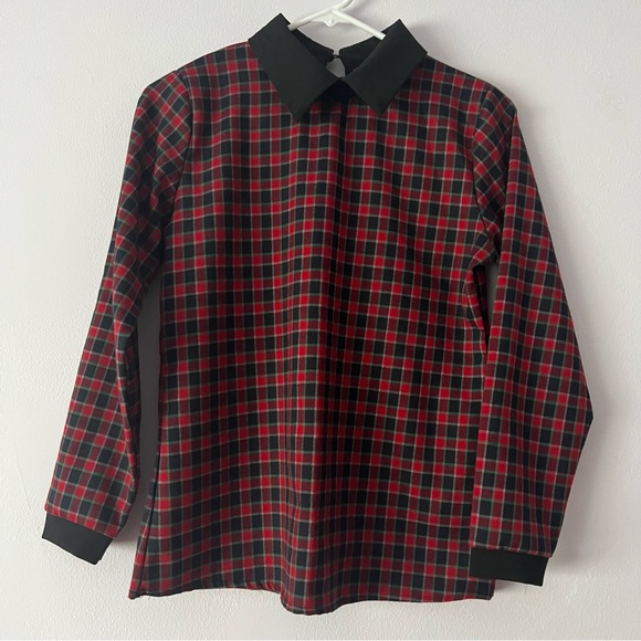 🍉 Women's Peter Pan Contrast Collar Checkered Plaid Shirt Blouse Small - Picture 1 of 11